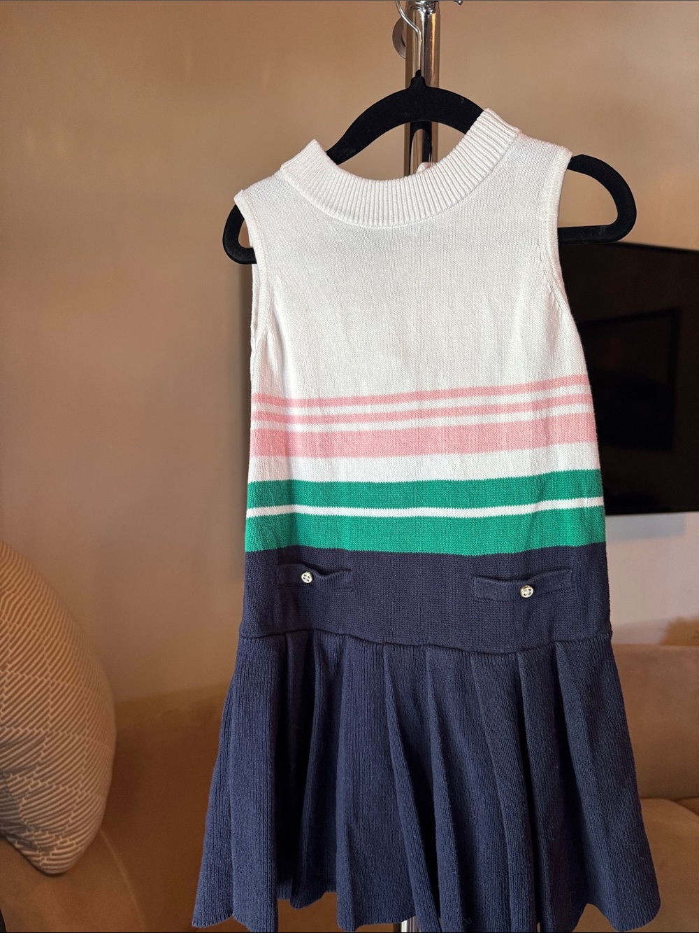 Janie and Jack: Striped Knit Pleated Dress - White, Pink, Green, Navy